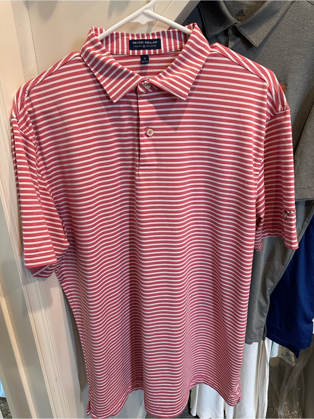 Peter Millar Red and White Striped Performance Golf Polo
